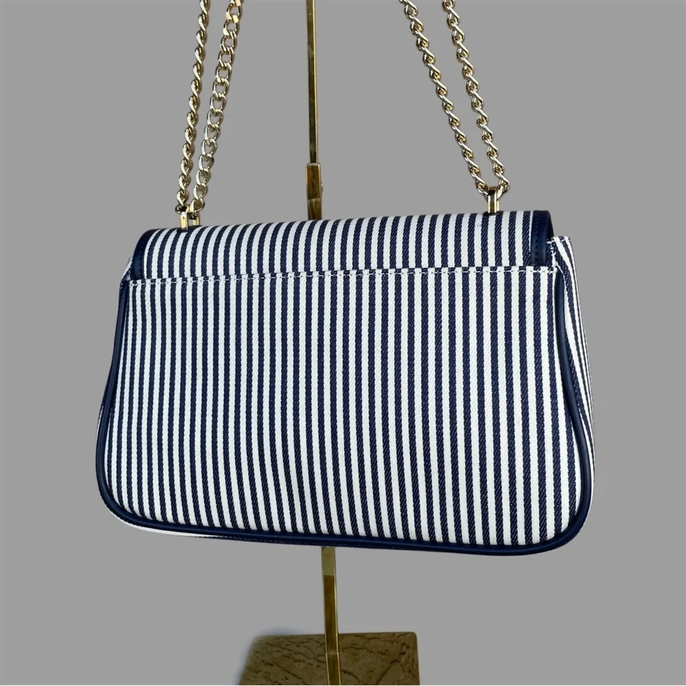 KATE SPADE Blue & White Striped Carey Medium Flap Striped Crossbody Shoulder Bag